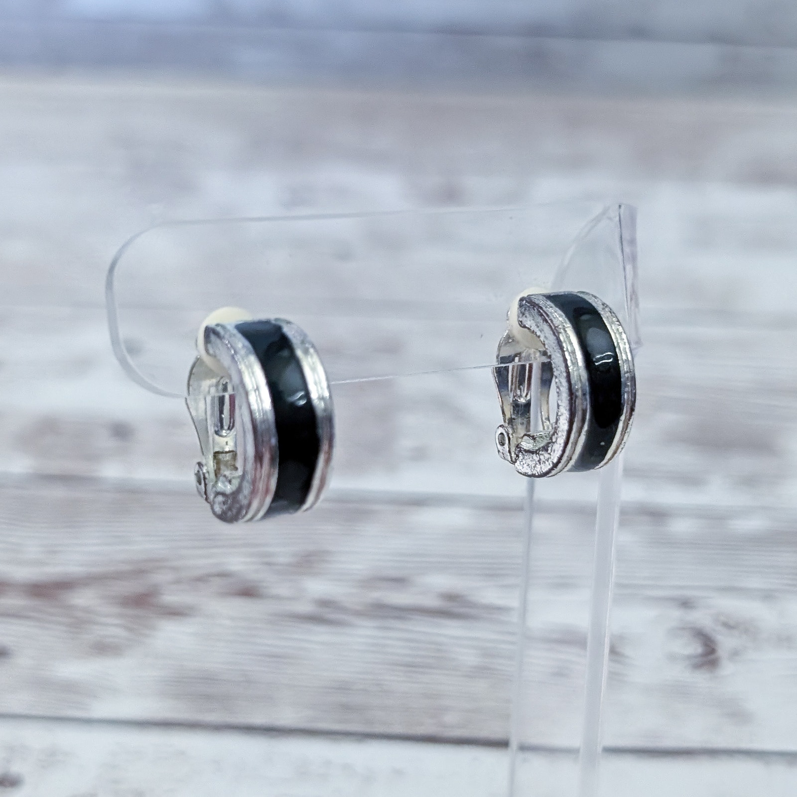 Vintage Clip On Earrings Silver Tone & Black Hoops - Condition Issues